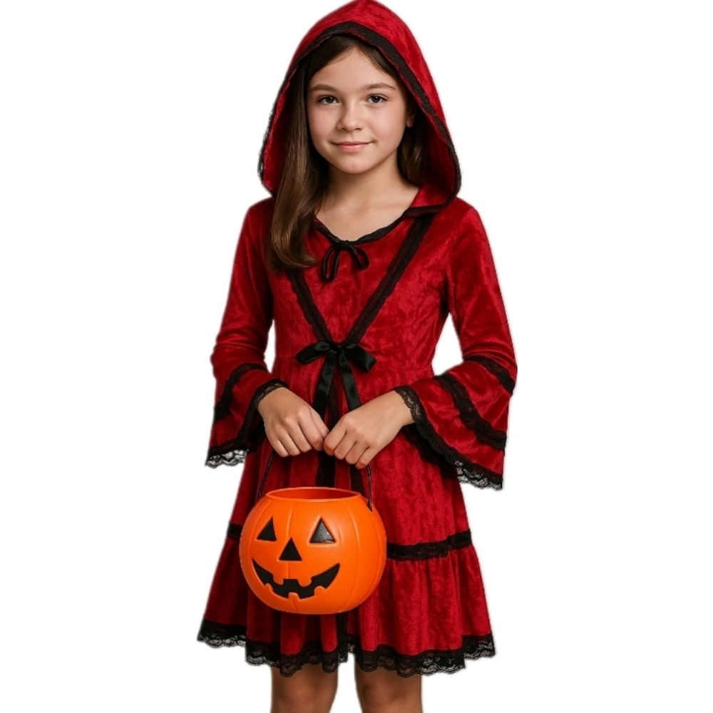 Little Red Riding Hood Girls Halloween Costume Red Velvet Lace Hooded Dress